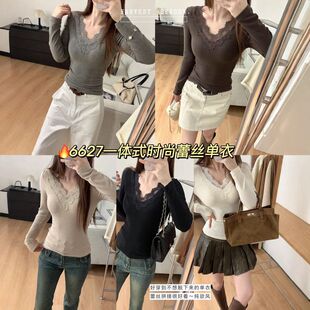 6627法式V领蕾丝带胸垫打底衫洋气性感内搭时尚黑白T恤修身上衣