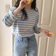 rose韩国东大门ins甜美百搭长袖 上衣鬼马系少女百搭宽松条纹T恤女
