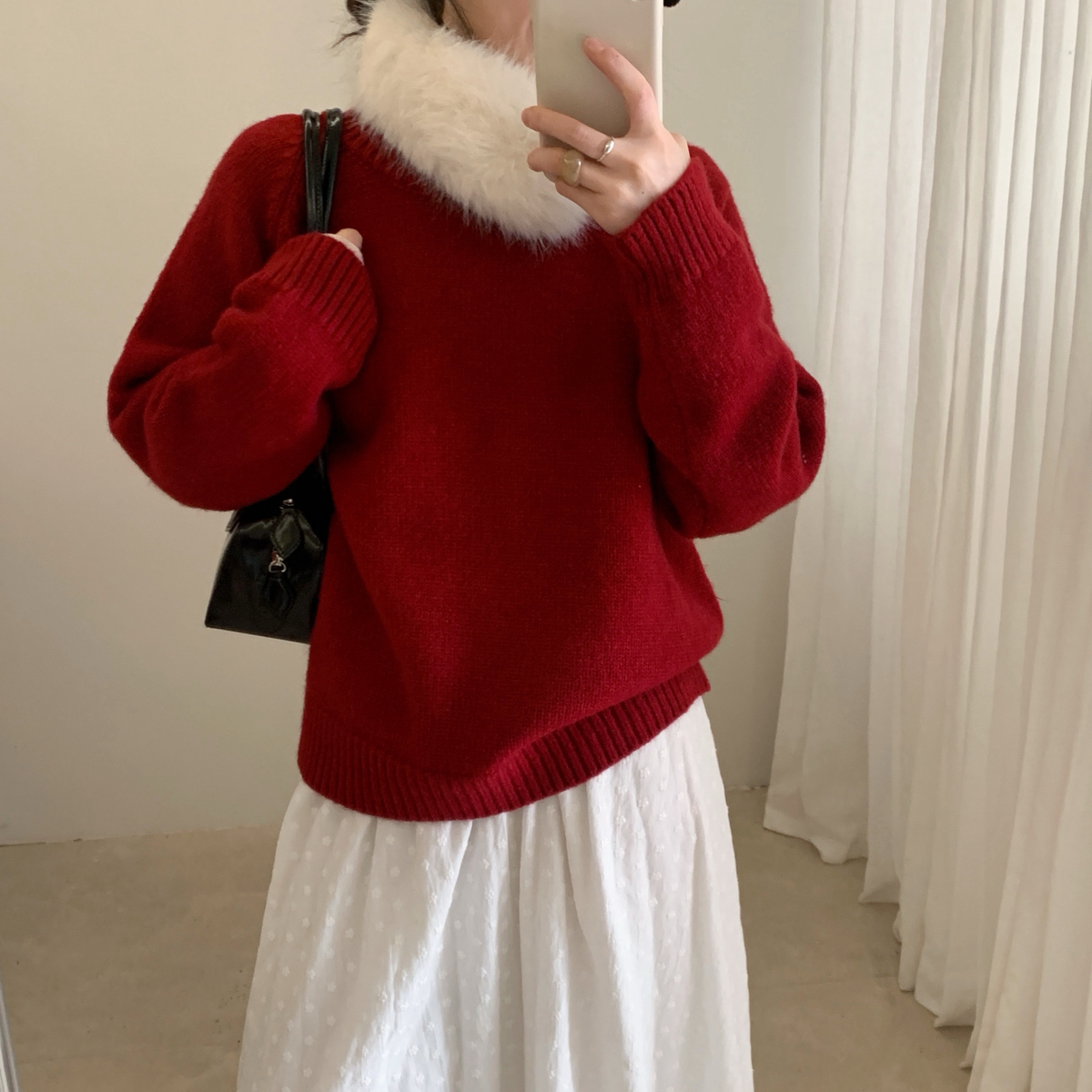 毛领慵懒感圆领保暖毛衣针织衫