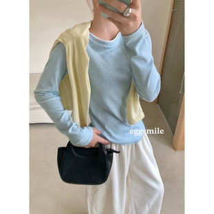 egg smile肌理感撞色领加厚棉绒打底衫圆领女上衣长袖修身可外穿