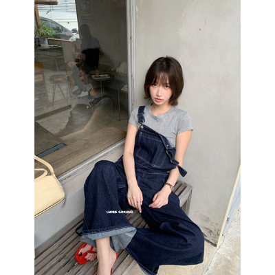 韩系复古深色背带裤直筒连衣裤