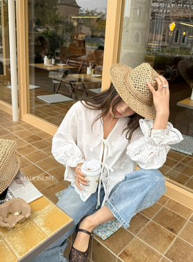 MADEIN OST-2026年早春法式棉布绣花绑带开衫荷叶袖衬衫女91207