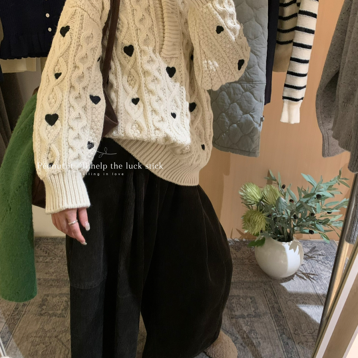 peanut花生家-韩系穿搭博主同款刺绣小爱心粗线保暖毛衣1169