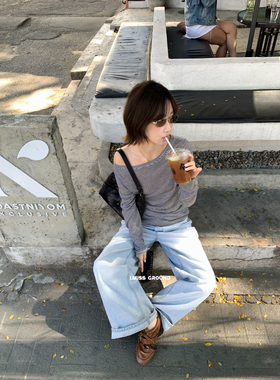 IMISS-2026年早春上新简约条纹一字领两穿长袖T恤打底衫R90567