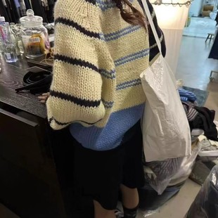 韩国name家博主同款 手工粗棒针织复古拼色加厚圆领毛衣 20%羊毛