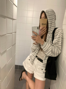 慵懒条纹连帽卫衣外套薄款卫衣