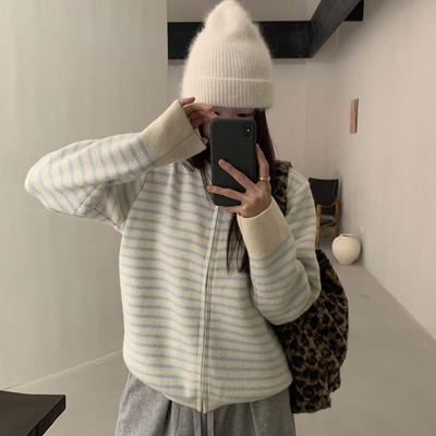 egg鸡蛋家秋冬条纹拉链毛衣外套