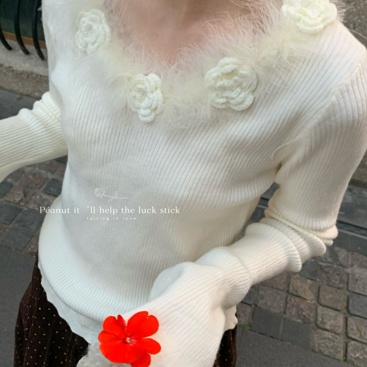 法式优雅贵气花朵毛绒绒针织毛衣