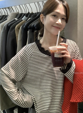 lirose韩系领口蕾丝拼接小女人风条纹打底衫长袖T恤上衣女89076