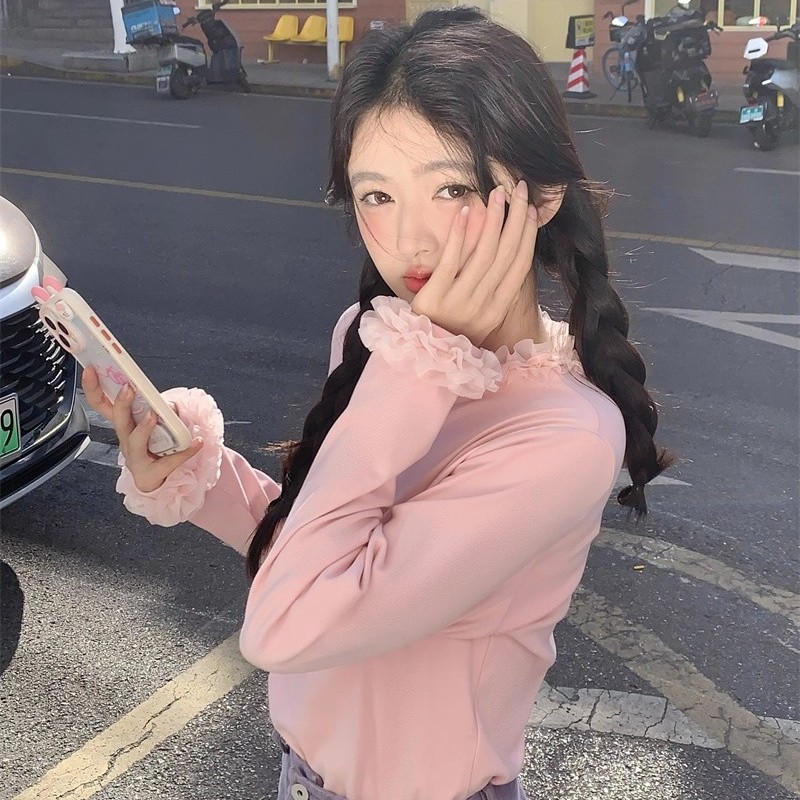 感百搭木耳边圆领长袖t恤衫上衣