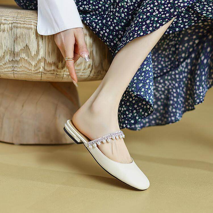 英伦大牌40-42大号羊皮半拖鞋纯色平跟小码33浅口大码包头女拖鞋