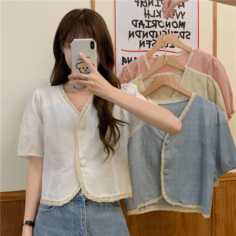 Real shot real price summer Korean court style collar lace bubble sleeve high waist versatile short sleeve blouse