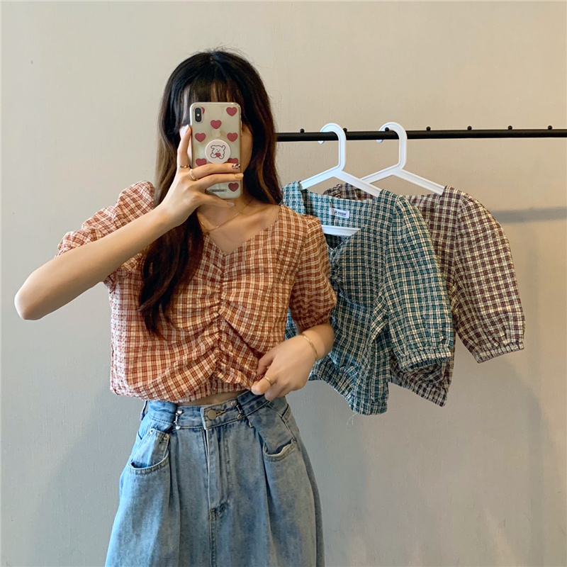 Real price in 2021 summer niche design sweet V-neck cocoon Plaid lantern short sleeve top