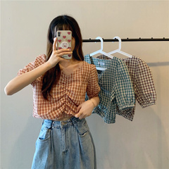 Real price in 2021 summer niche design sweet V-neck cocoon Plaid lantern short sleeve top