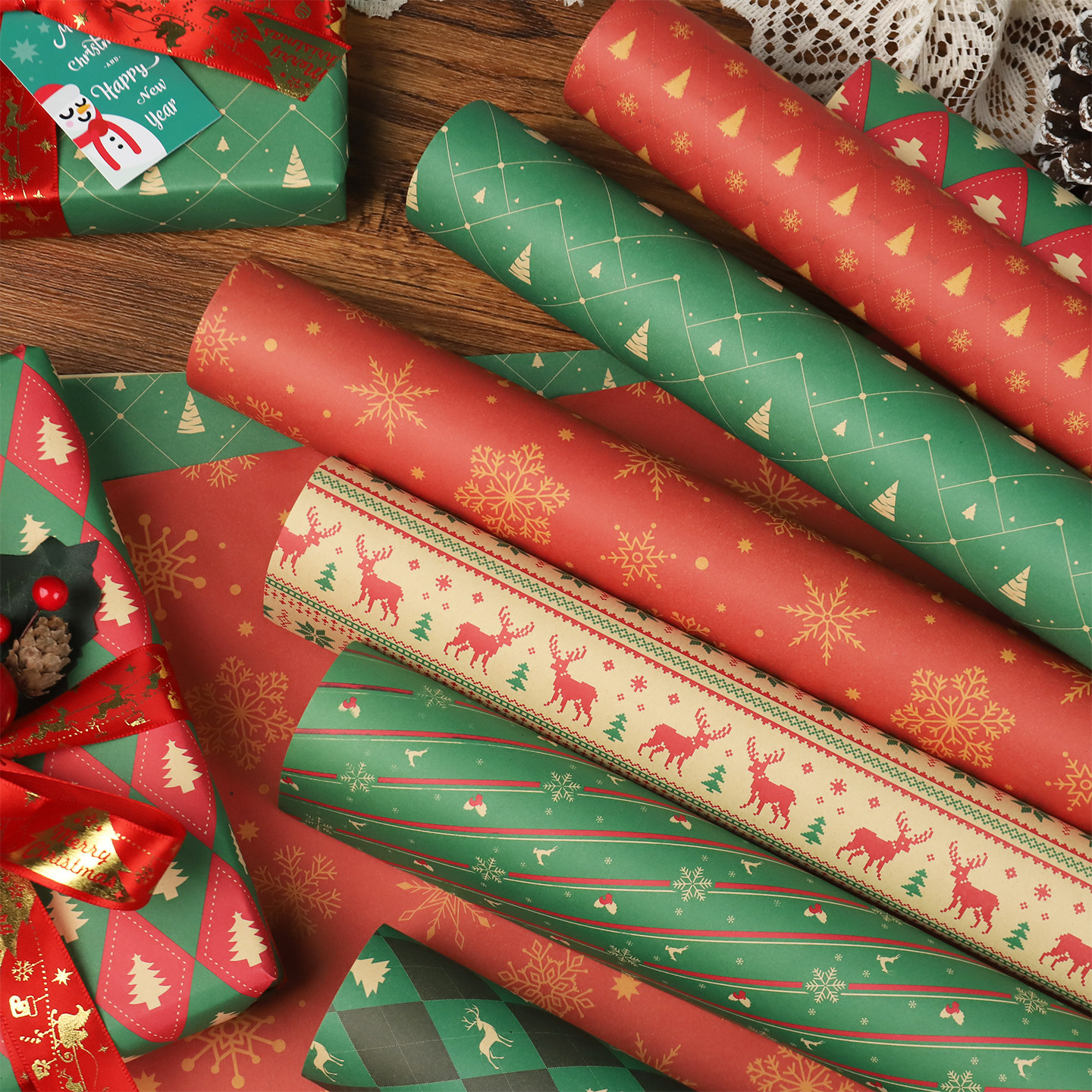 圣诞节礼物包装纸平安夜苹果花束礼盒牛皮纸礼品鲜花花艺包花材料