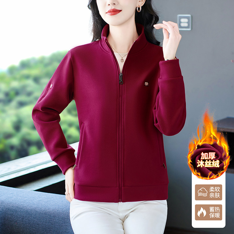 中老年女士秋冬季沐丝绒休闲外套妈妈开衫夹克加绒加厚大码运动服