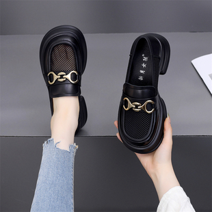 厚底网纱透气小皮鞋女2026夏季新款软底一脚蹬百搭增高黑色乐福鞋