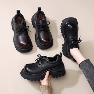 小个子厚底小皮鞋女2026春季新款复古英伦风增高加绒乐福鞋小码34