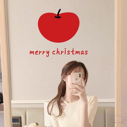 圣诞节平安夜装饰布置红色苹果圣诞帽店铺镜子窗户门静电玻璃贴纸