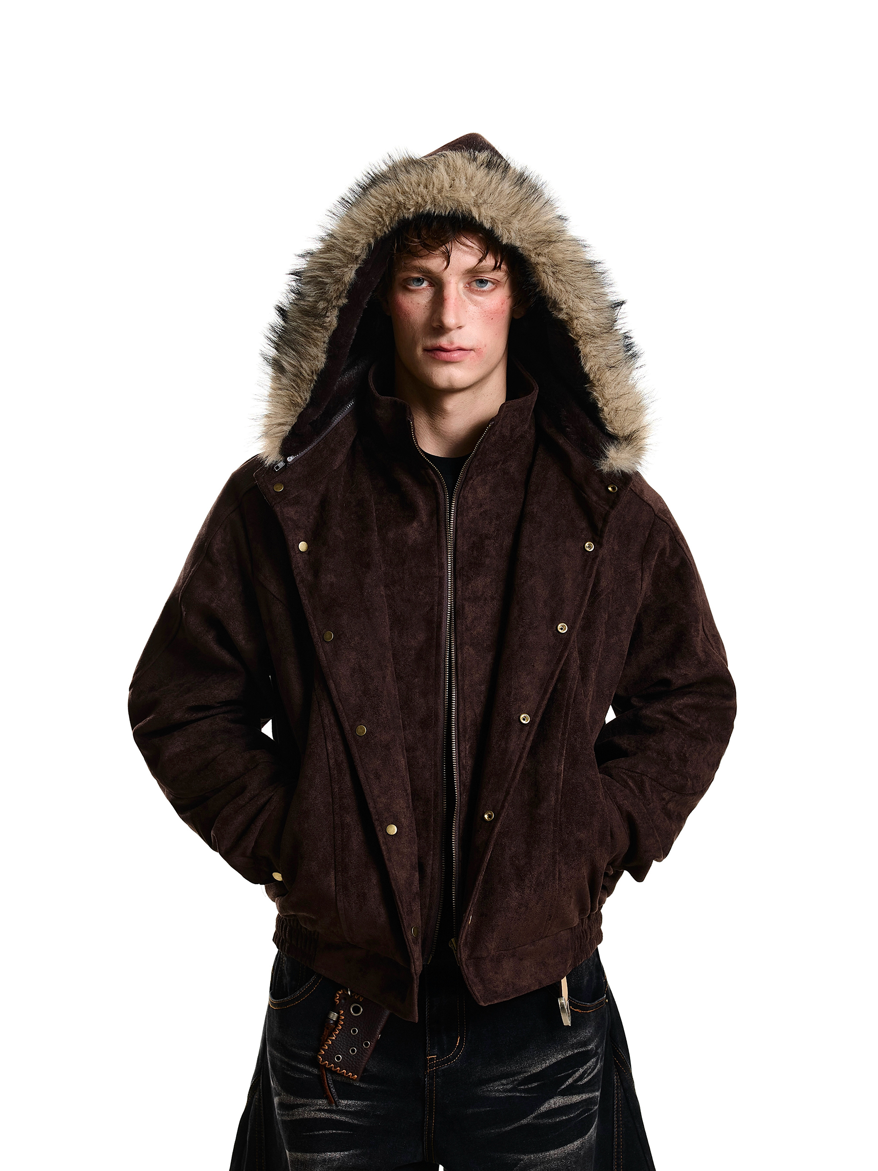 thumbnail for Blacklists American Style Faux Two-Piece Patchwork Fleece-Lined Fur Collar Hooded Jacket for Men and Women, Melard Suede Coat for Winter