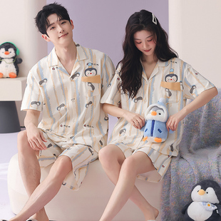 新款 开衫 卡通家居服男士 情侣睡衣女夏季 全棉套装 短裤 薄款 纯棉短袖
