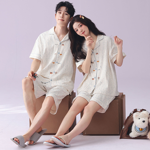 新款 开衫 卡通家居服男士 情侣睡衣女夏季 全棉套装 短裤 薄款 纯棉短袖
