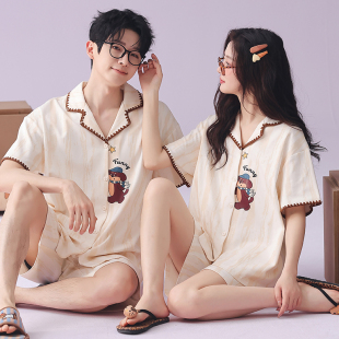 新款 开衫 卡通家居服男士 情侣睡衣女夏季 全棉套装 短裤 薄款 纯棉短袖