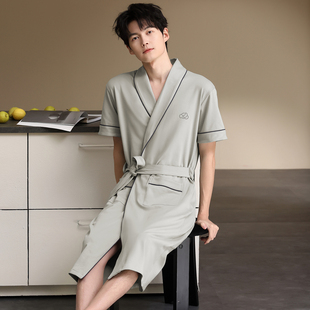 10A纯棉睡袍男款夏季2026新款加大版简约纯色可外穿男士浴袍