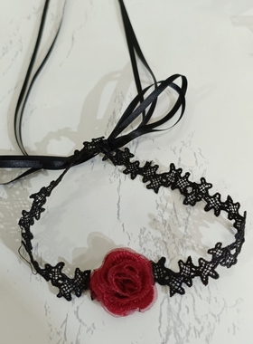 黑色蕾丝系带长款锁骨颈链酒红色编织玫瑰花朵绑带蝴蝶结脖子项圈