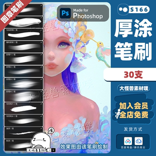 厚涂 ps笔刷人像常用CG原画插画画笔油画自然云朵鸟群肌理绘画