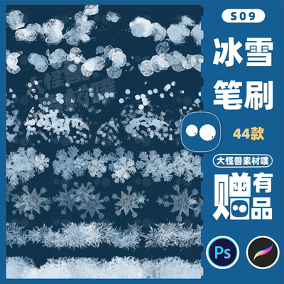 procreate笔刷ps笔刷冬天雪花特效结冰下雪冰晶唯美雪景插画冰霜