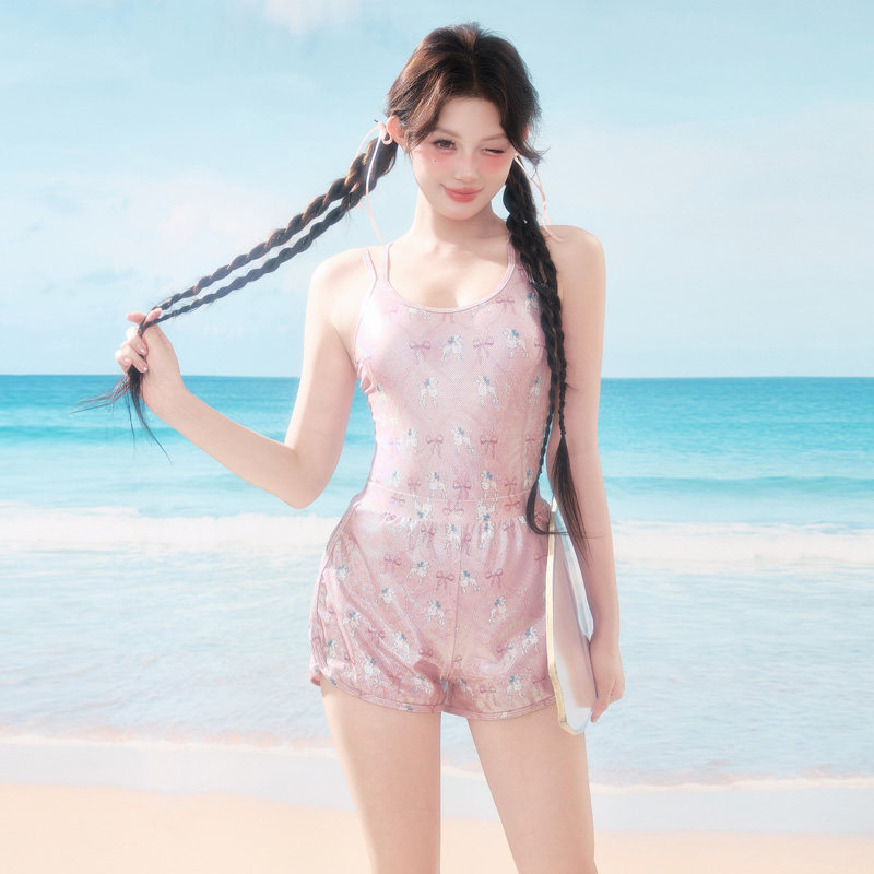 甜美高级感泳衣女竞速三角连体平角裤学生温泉沙滩度假训练游泳装