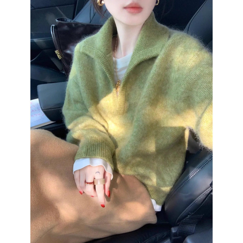 LEKA老钱风绿色v领马海毛毛衣女秋冬慵懒高级感加厚翻领针织上衣