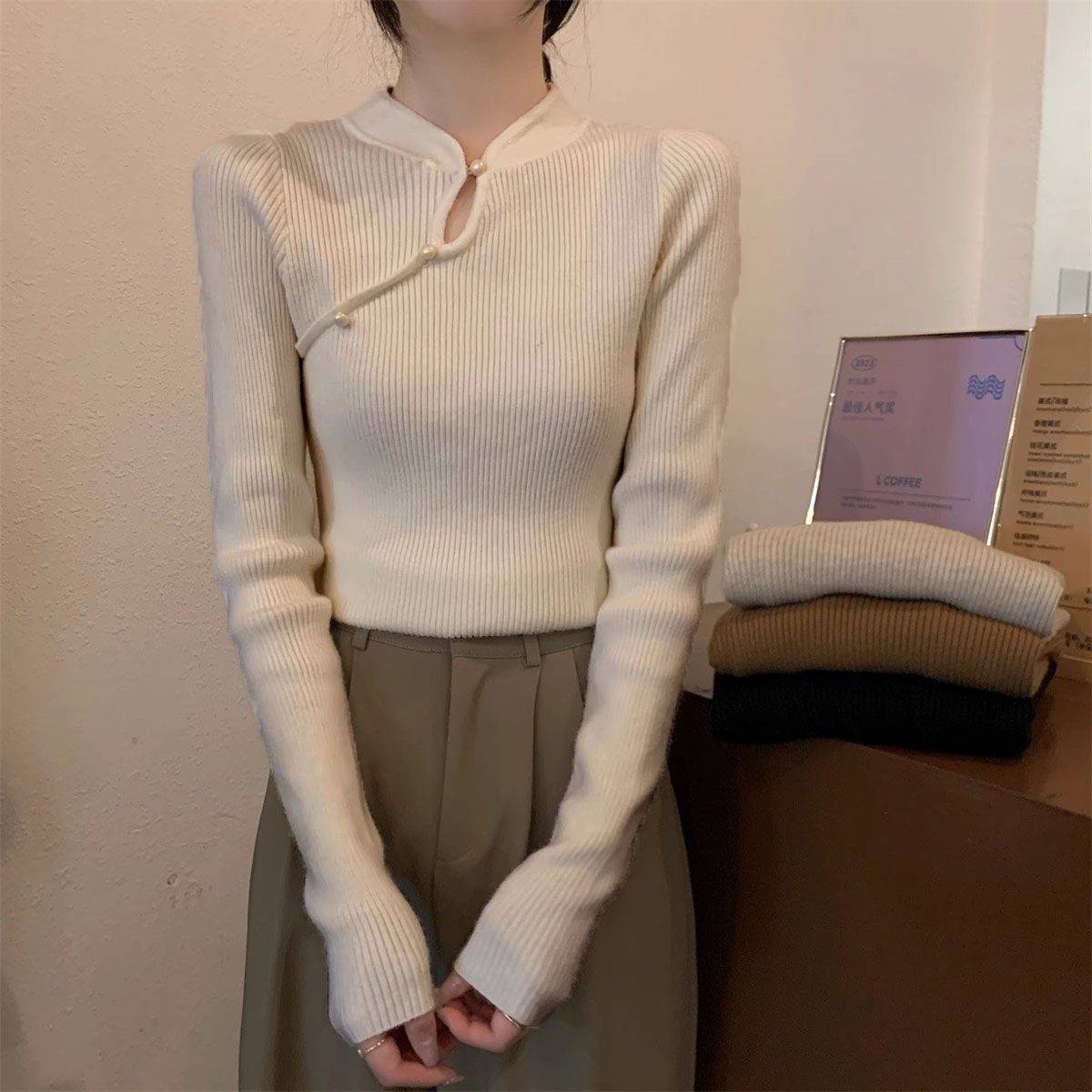 新中式女装早春内搭半高领毛衣斜扣国风别致复古针织打底衫女上衣