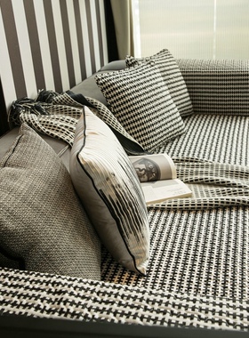 北欧简约全棉沙发罩经典黑白格纹耐脏沙发套罩四季防滑布艺沙发垫