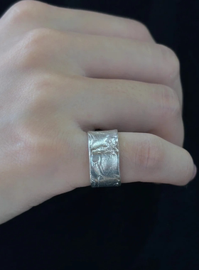 惜兰梦原创设计复古花卉银戒指男女宽版拉丝纹理开口戒指环