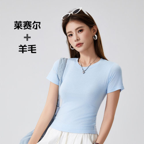 夏季短袖t恤女天丝莱赛尔羊毛打底衫外穿修身显瘦圆袖打底上衣女