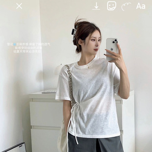 夏季新款短袖雪花亚麻大板短款女士T恤微透大码百搭上衣打底衫