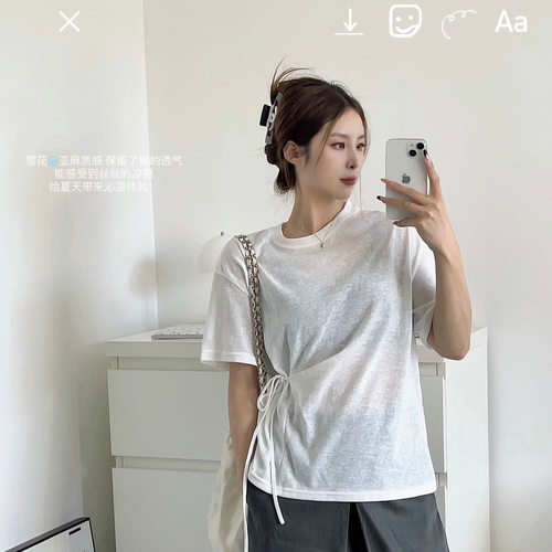 夏季新款短袖雪花亚麻大板短款女士T恤微透大码百搭上衣打底衫