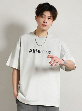 FPASCA夏新款渐变字母短袖t恤宽松百搭廓形破坏重磅美式纯棉上衣