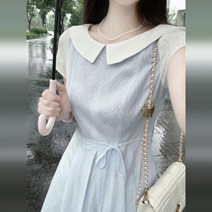 法式娃娃领蓝色连衣裙子女夏季2025新款独特漂亮绝美温柔长裙