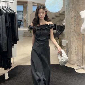 法式荷叶边一字肩灰色连衣裙女夏季2025新款气质穿搭一整套装长