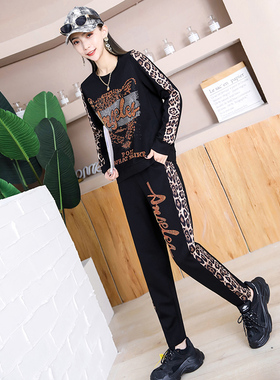 运动休闲套装女宽松ins潮卫衣韩版初秋长袖百搭豹纹大码胖m两件套
