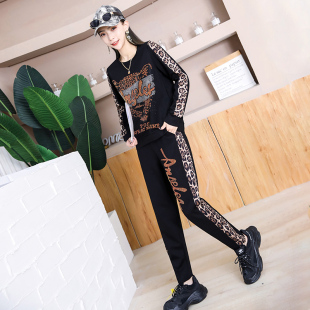 百搭豹纹大码 初秋长袖 胖m两件套 女宽松ins潮卫衣韩版 运动休闲套装