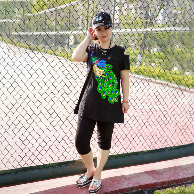 夏季胖mm大码打底两件套修身露肩连衣裙上衣宽松T恤七分裤女休闲