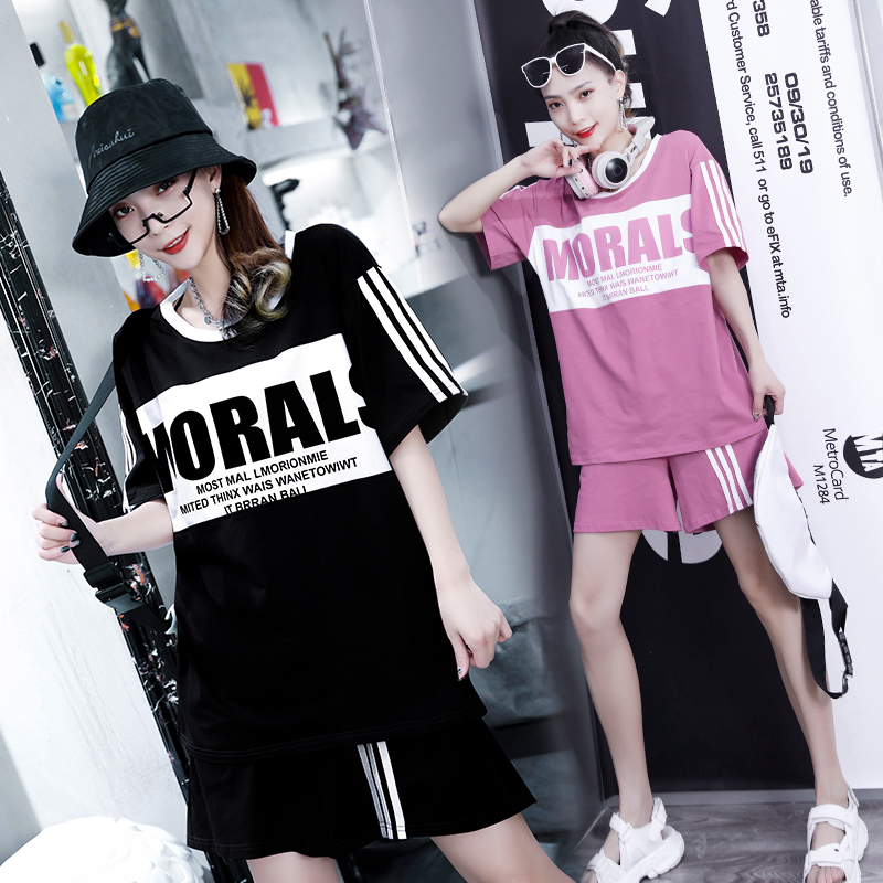 大码运动休闲套装女200斤胖mm夏季宽松薄款短袖短裤两件套 ins潮