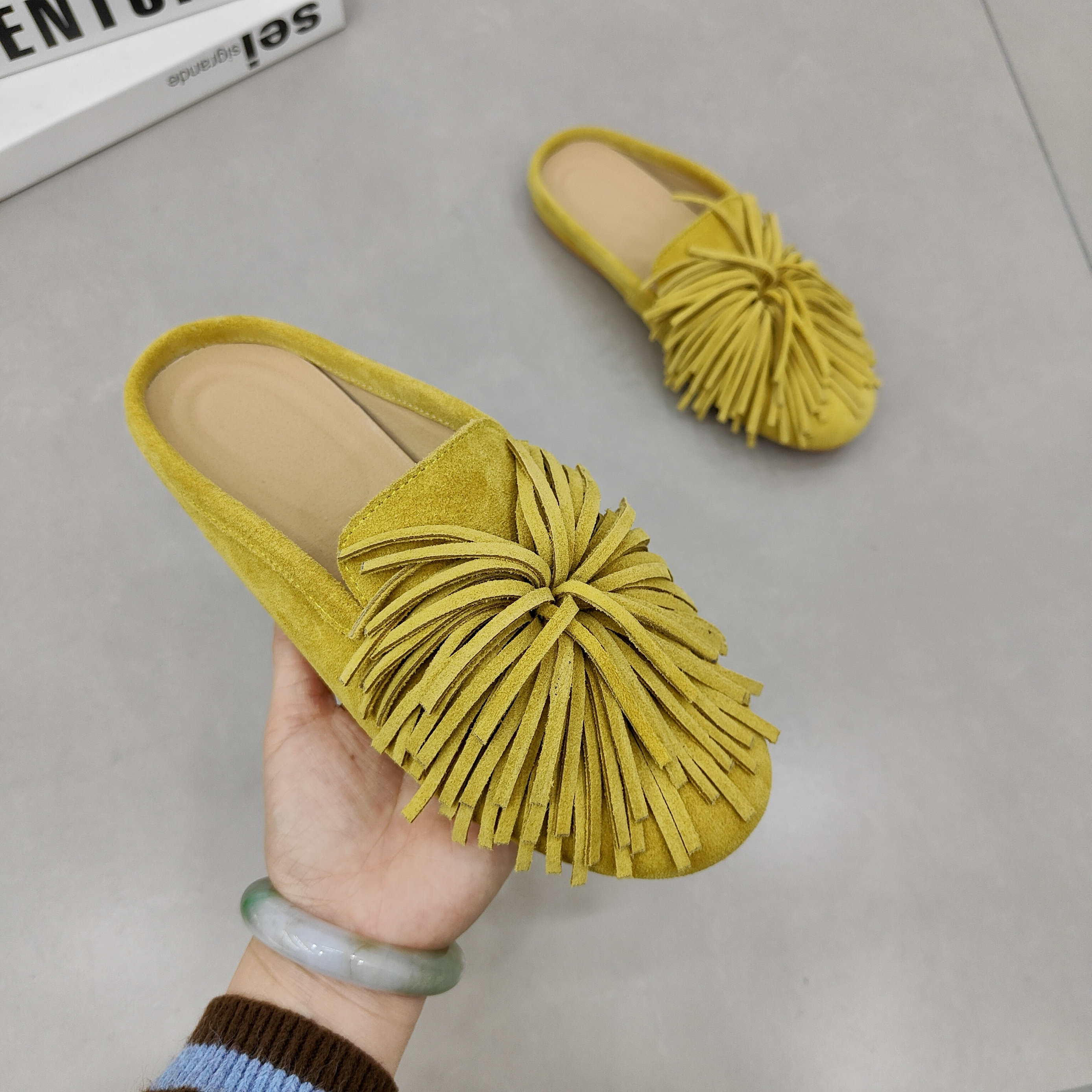 真皮流苏半拖鞋女外穿2025夏新款复古手工休闲平底女鞋软底包头拖