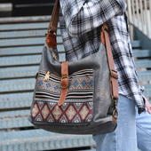 新款 百搭大容量斜挎洋气单肩包帆布复古印花双肩包女 牛仔大包时尚