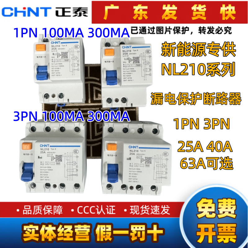 正泰NL210新能源专用B型25A40A63A漏电保护器100MA300MA漏电开关