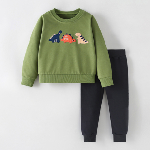 两件套小童秋装 宝宝恐龙上衣儿童运动卫裤 军绿色卫衣套装 男童长袖